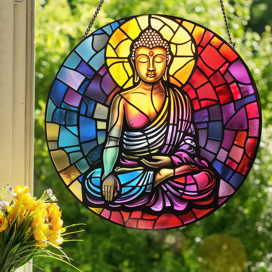 Sitting Buddha: Stained Glass Style Window Hanging