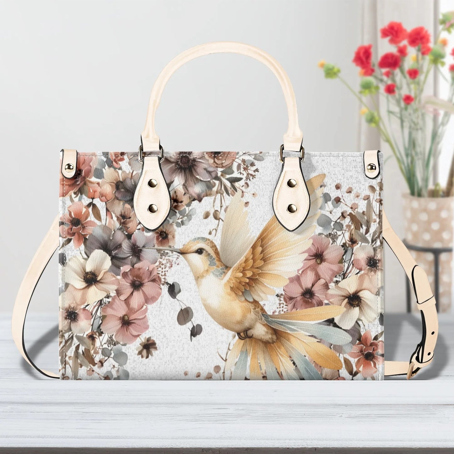Hummingbird Garden Tote Handbag. Colorful Handbag, Waterproof PU Leather Tote, Top Handle Vegan Leather, Crossbody, Shoulder bag.