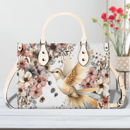 Hummingbird Garden Tote Handbag. Colorful Handbag, Waterproof PU Leather Tote, Top Handle Vegan Leather, Crossbody, Shoulder bag.
