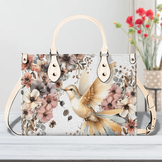 Hummingbird Garden Tote Handbag. Colorful Handbag, Waterproof PU Leather Tote, Top Handle Vegan Leather, Crossbody, Shoulder bag.
