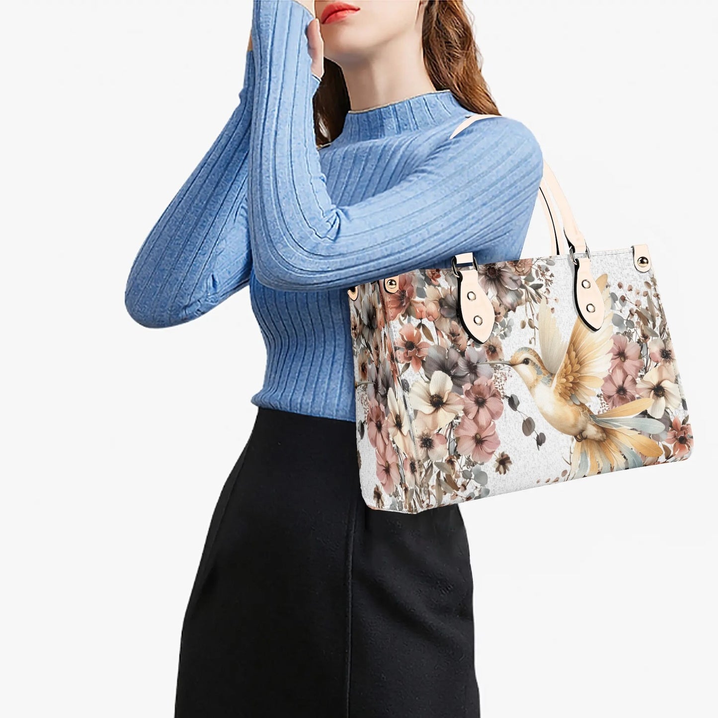 Hummingbird Garden Tote Handbag. Colorful Handbag, Waterproof PU Leather Tote, Top Handle Vegan Leather, Crossbody, Shoulder bag.