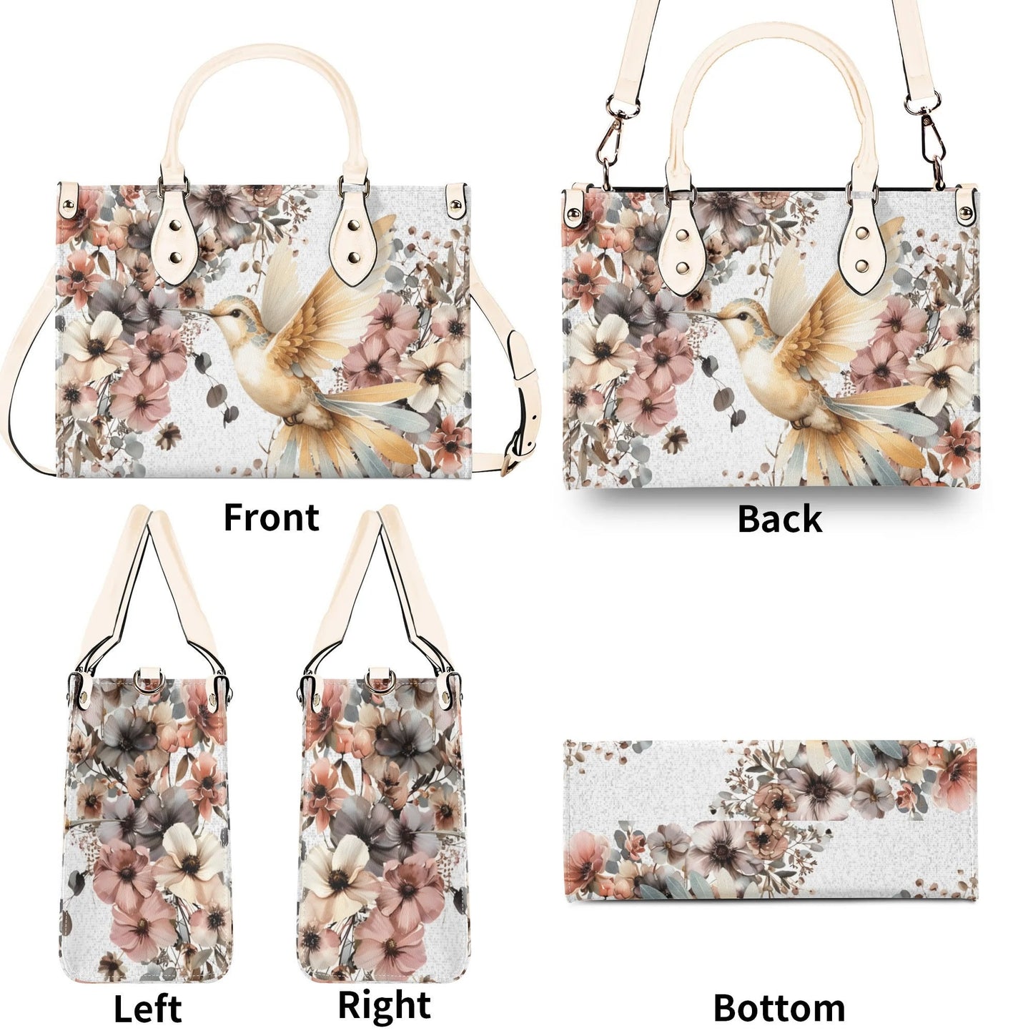 Hummingbird Garden Tote Handbag. Colorful Handbag, Waterproof PU Leather Tote, Top Handle Vegan Leather, Crossbody, Shoulder bag.