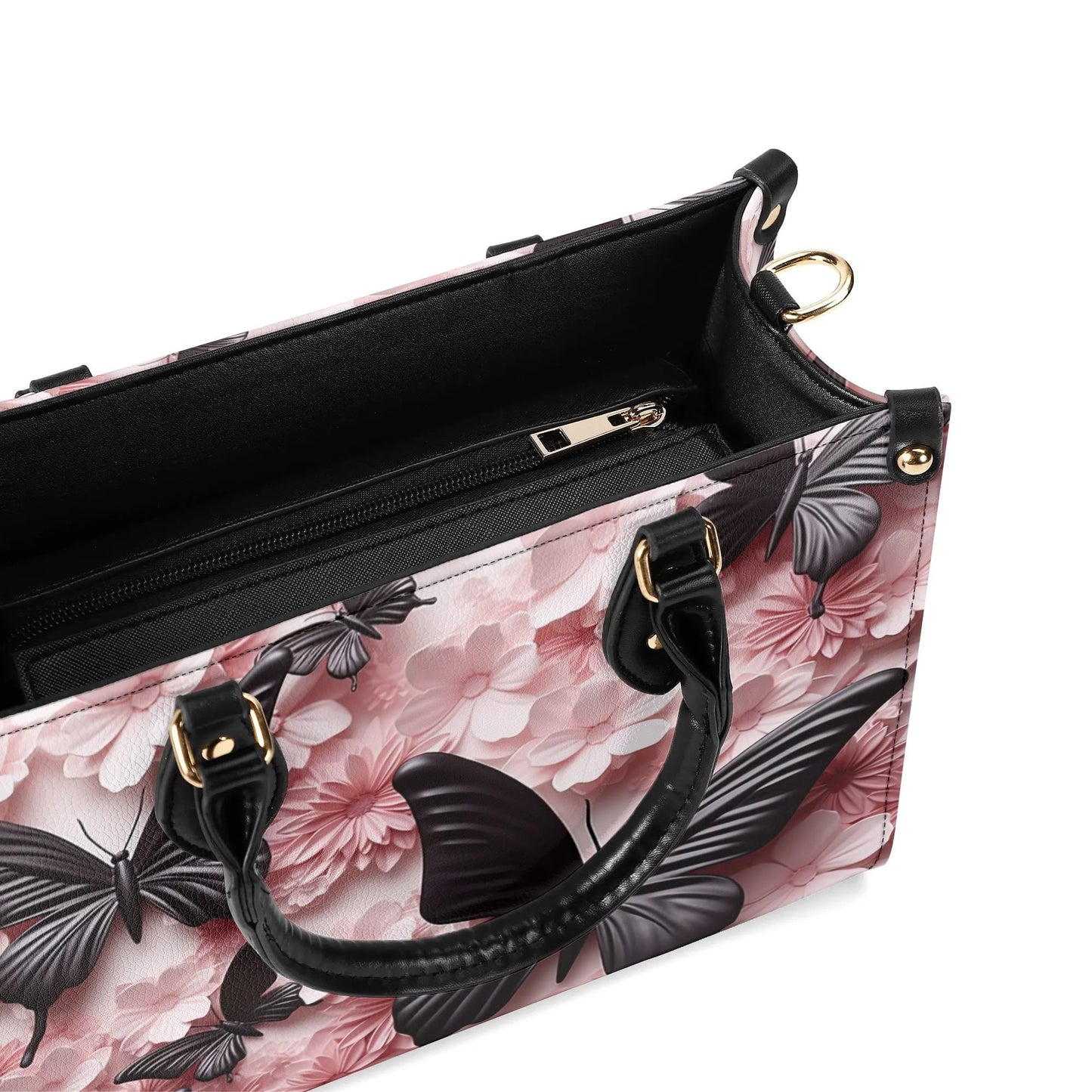 Black Butterfly Chic Tote Handbag. Pink Handbag, Waterproof PU Leather Tote, Top Handle Vegan Leather, Crossbody, Shoulder bag.
