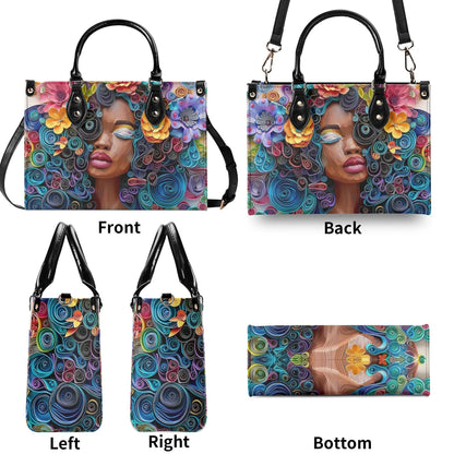Afro-Centric Bloom Chic Tote Handbag. Colorful Handbag, Waterproof PU Leather Tote, Top Handle Vegan Leather, Crossbody, Shoulder bag.