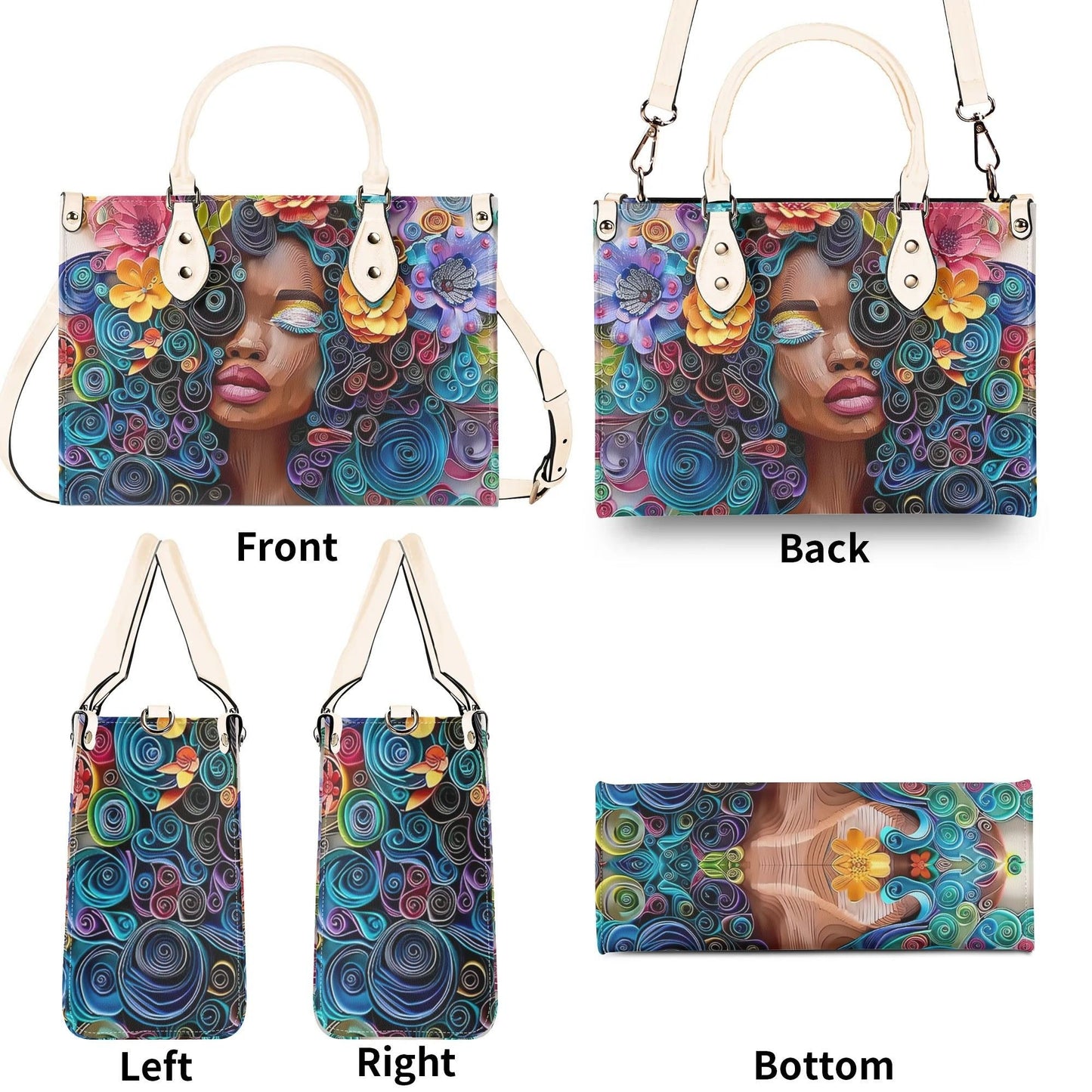 Afro-Centric Bloom Chic Tote Handbag. Colorful Handbag, Waterproof PU Leather Tote, Top Handle Vegan Leather, Crossbody, Shoulder bag.