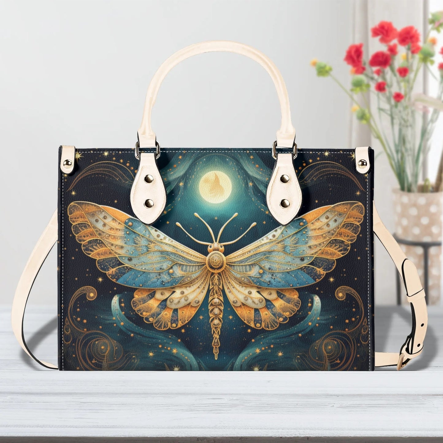 Lunar Moth Chic Tote Handbag. Mystical Handbag, Waterproof PU Leather Tote, Top Handle Vegan Leather, Crossbody, Shoulder bag.