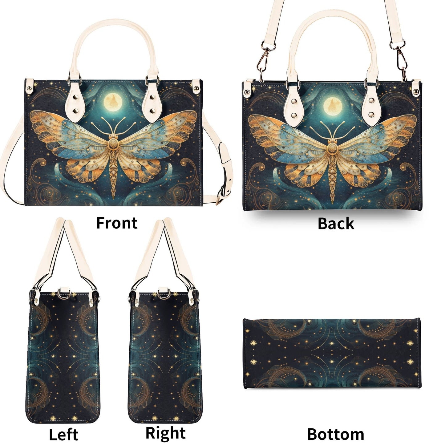 Lunar Moth Chic Tote Handbag. Mystical Handbag, Waterproof PU Leather Tote, Top Handle Vegan Leather, Crossbody, Shoulder bag.