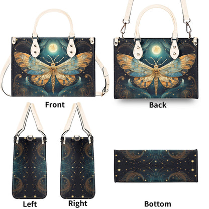 Lunar Moth Chic Tote Handbag. Mystical Handbag, Waterproof PU Leather Tote, Top Handle Vegan Leather, Crossbody, Shoulder bag.