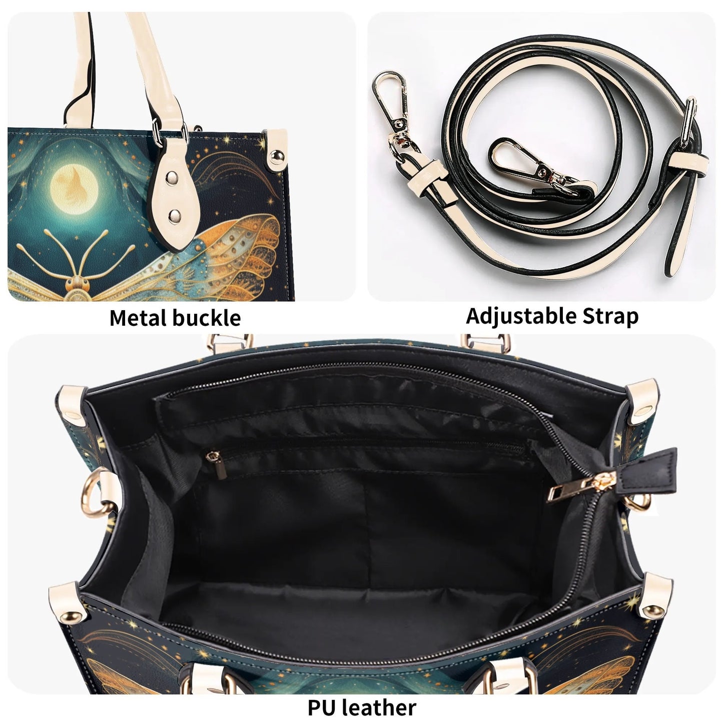 Lunar Moth Chic Tote Handbag. Mystical Handbag, Waterproof PU Leather Tote, Top Handle Vegan Leather, Crossbody, Shoulder bag.