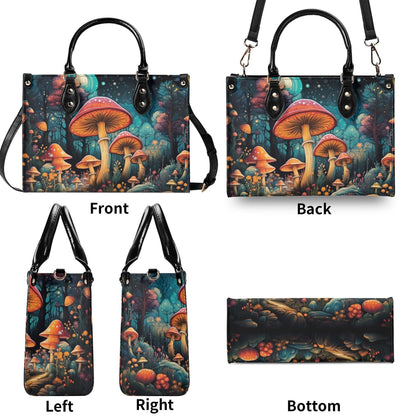 Enchanted Mushroom Grove Tote Handbag. Square Handbag, Waterproof PU Leather Tote, Top Handle Vegan Leather, Crossbody, Shoulder bag.