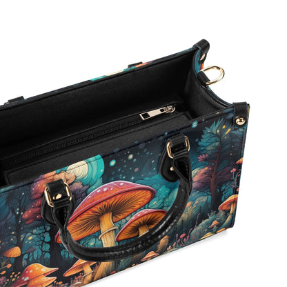 Enchanted Mushroom Grove Tote Handbag. Square Handbag, Waterproof PU Leather Tote, Top Handle Vegan Leather, Crossbody, Shoulder bag.