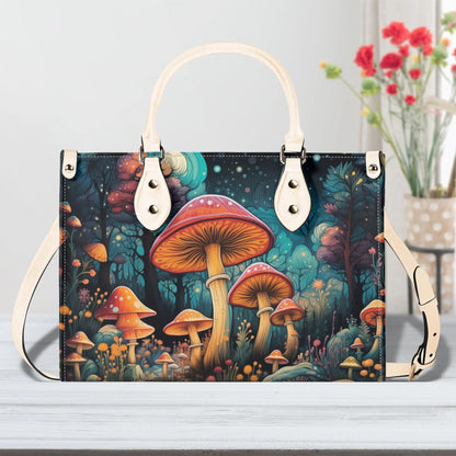 Enchanted Mushroom Grove Tote Handbag. Square Handbag, Waterproof PU Leather Tote, Top Handle Vegan Leather, Crossbody, Shoulder bag.
