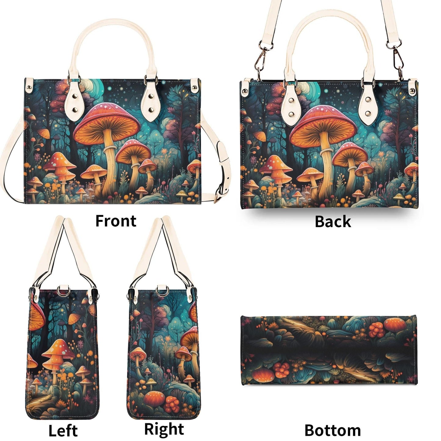 Enchanted Mushroom Grove Tote Handbag. Square Handbag, Waterproof PU Leather Tote, Top Handle Vegan Leather, Crossbody, Shoulder bag.