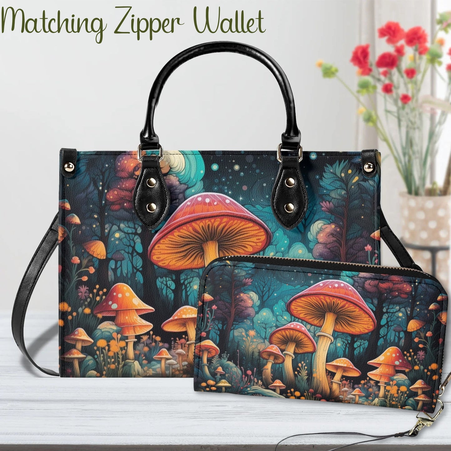 Enchanted Mushroom Grove Tote Handbag. Square Handbag, Waterproof PU Leather Tote, Top Handle Vegan Leather, Crossbody, Shoulder bag.