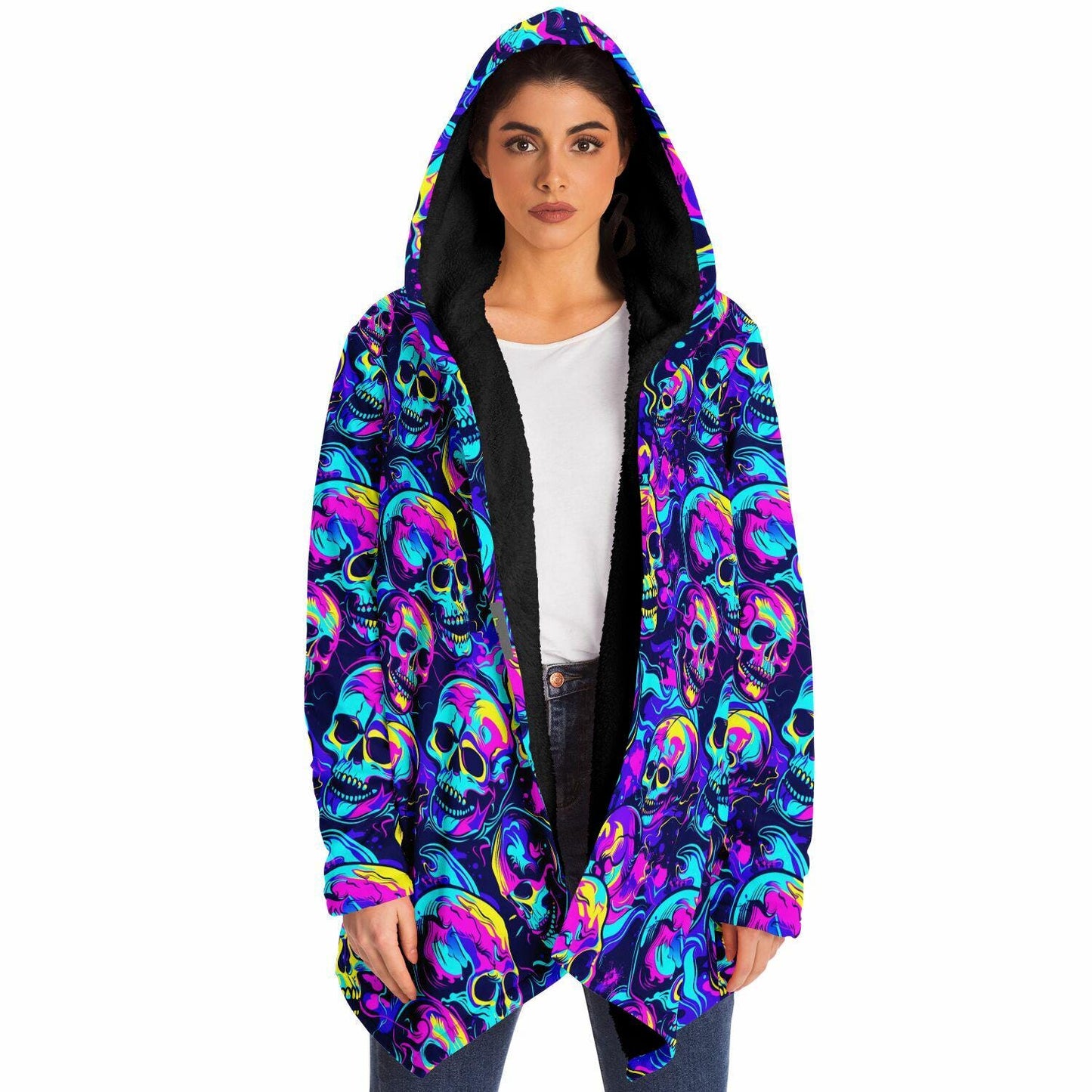 Micro-fleece Neon Skulls Hooded Cloak, Festival Rave Party Wear,Halloween Cape, Vivid Colors EDM Festival Cape, Unique Gifts,Men's Rave Cape