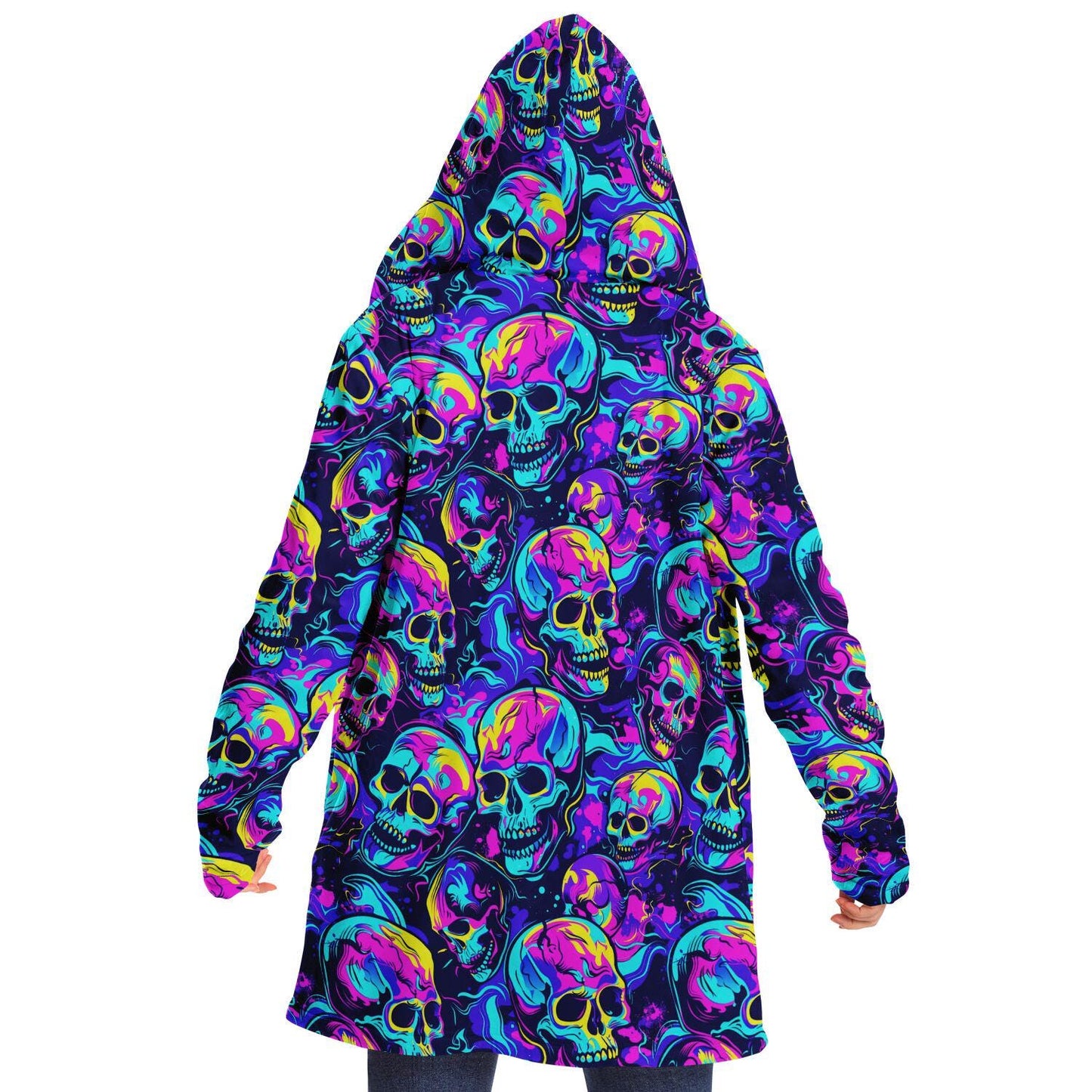Micro-fleece Neon Skulls Hooded Cloak, Festival Rave Party Wear,Halloween Cape, Vivid Colors EDM Festival Cape, Unique Gifts,Men's Rave Cape