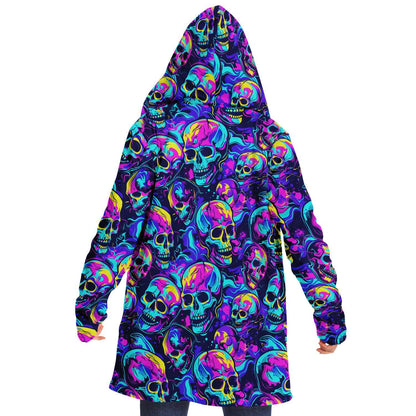 Micro-fleece Neon Skulls Hooded Cloak, Festival Rave Party Wear,Halloween Cape, Vivid Colors EDM Festival Cape, Unique Gifts,Men's Rave Cape
