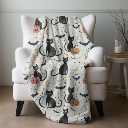 Retro Halloween Blanket Halloween Home Decor Spooky Fleece Throw Black Cat Bats Pumpkin Minky Bedding Moon and Stars Bed Spread Celestial