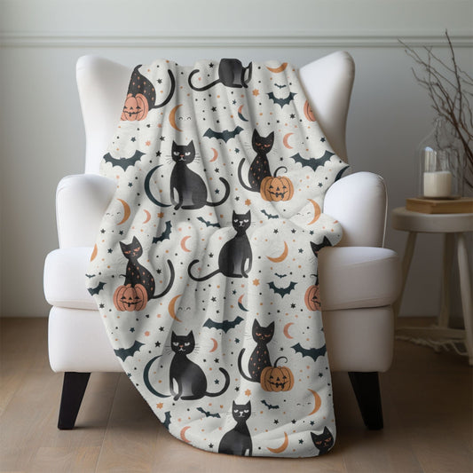 Retro Halloween Blanket Halloween Home Decor Spooky Fleece Throw Black Cat Bats Pumpkin Minky Bedding Moon and Stars Bed Spread Celestial