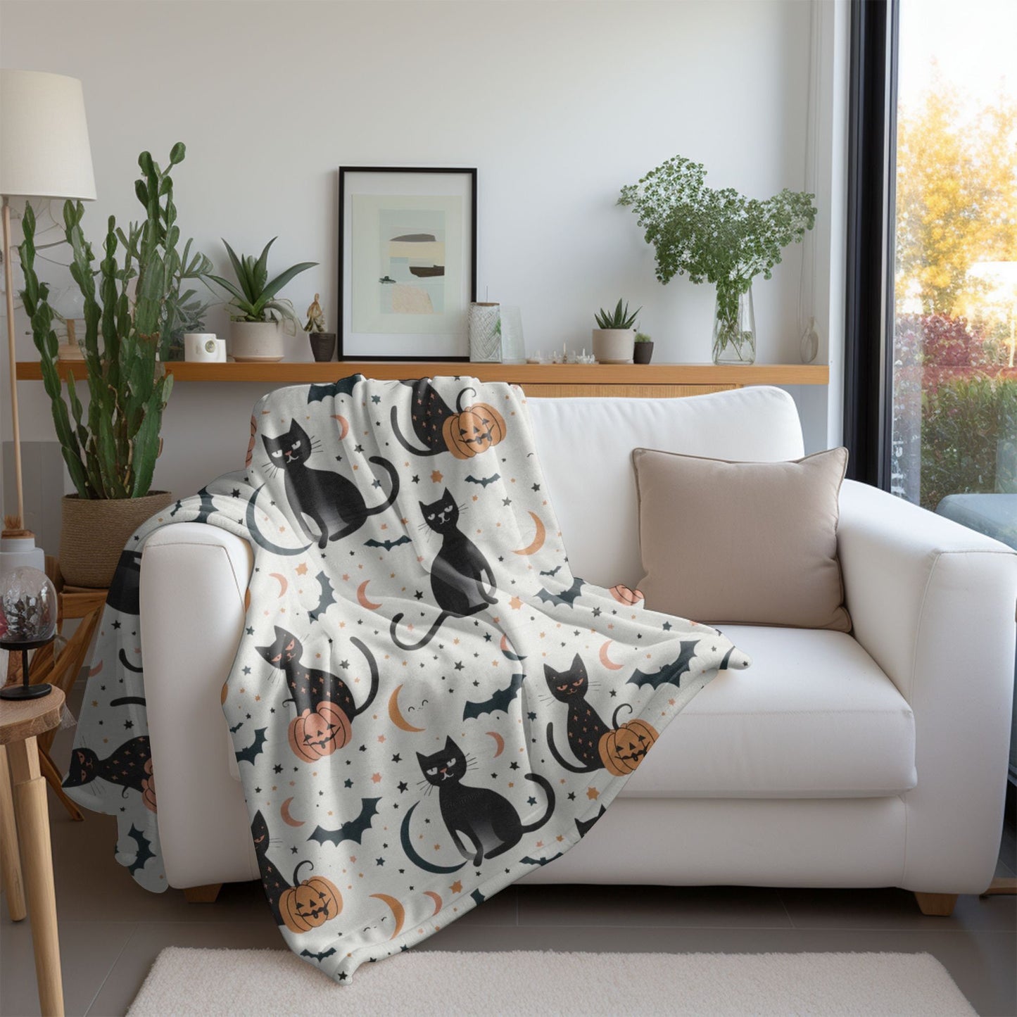 Retro Halloween Blanket Halloween Home Decor Spooky Fleece Throw Black Cat Bats Pumpkin Minky Bedding Moon and Stars Bed Spread Celestial