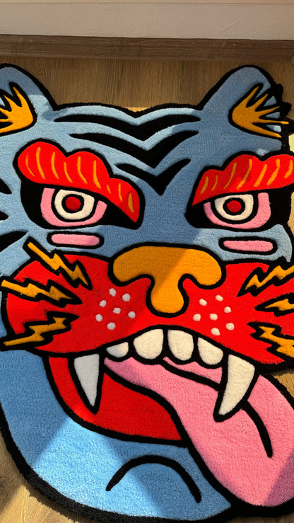 Tiger Head Rug – Custom Handmade Tufted Rug, Bold Traditional Asian Tiger Face Carpet, Cool Animal Decor for Art Room or Studio