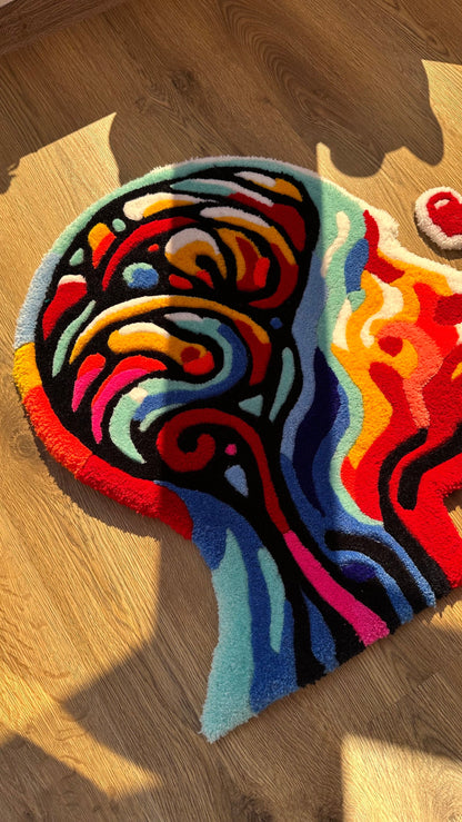 Melting Brain Tufted Rug – Handmade Abstract Human Head Carpet, Custom Drippy Art for Creative Spaces, Surreal Room Decor
