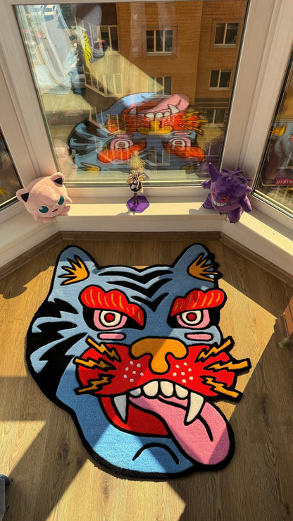 Tiger Head Rug – Custom Handmade Tufted Rug, Bold Traditional Asian Tiger Face Carpet, Cool Animal Decor for Art Room or Studio