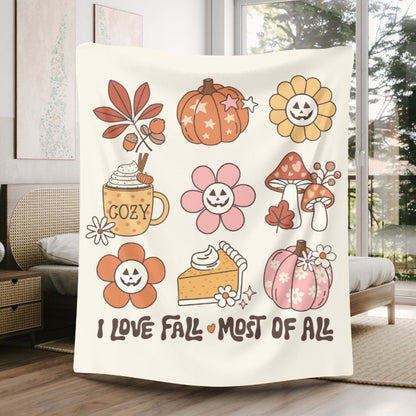 I love fall blanket, retro fall pumpkin blanket, cute fall pumpkin blanket, fall coffee blanket, cute mushroom blanket, fall throw blanket