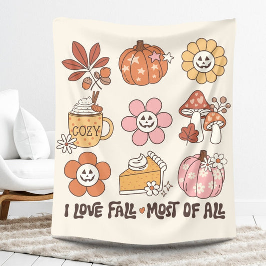 I love fall blanket, retro fall pumpkin blanket, cute fall pumpkin blanket, fall coffee blanket, cute mushroom blanket, fall throw blanket
