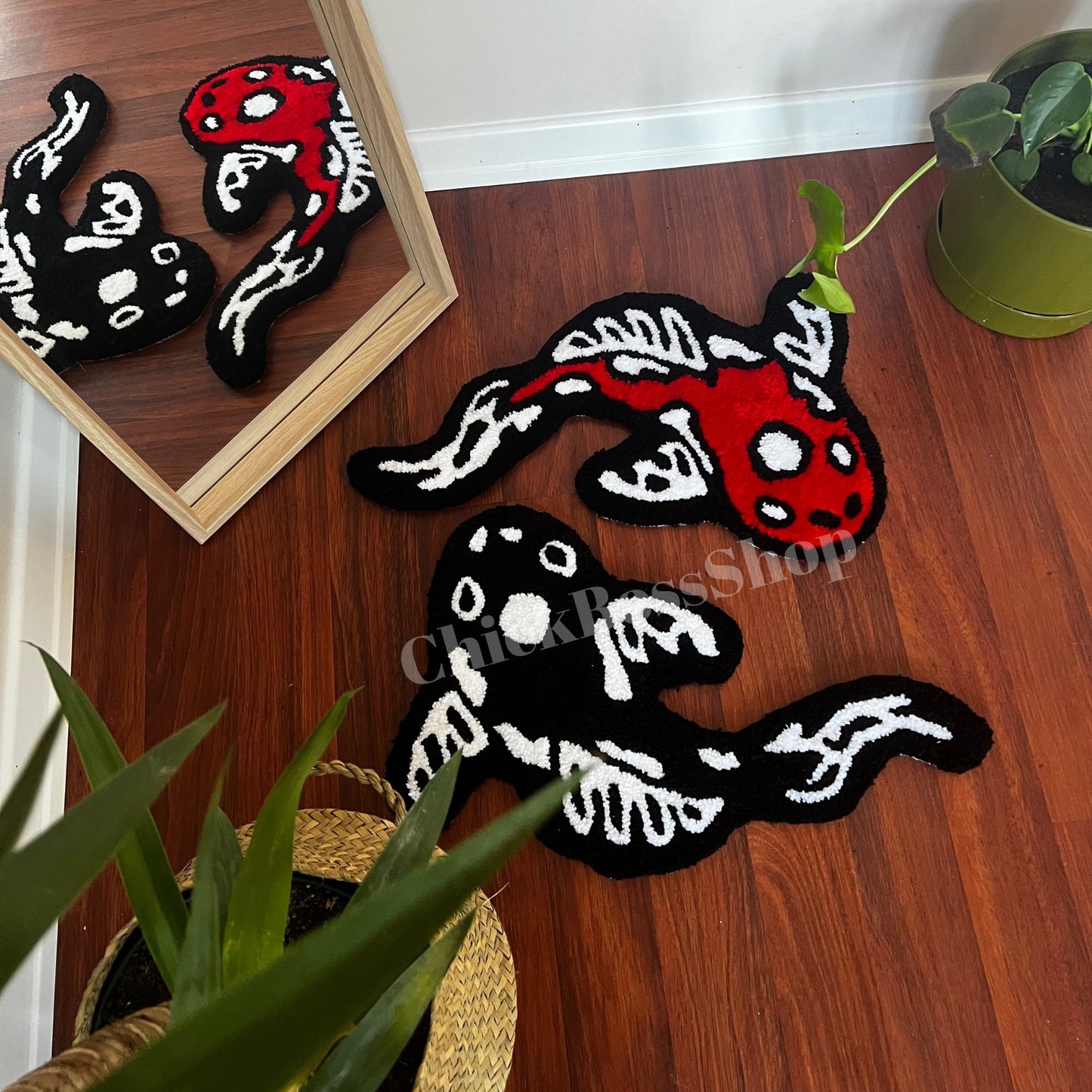 Koi Fish Yin Yang Rug: Asian Tufted Accent Rug, Red & Black