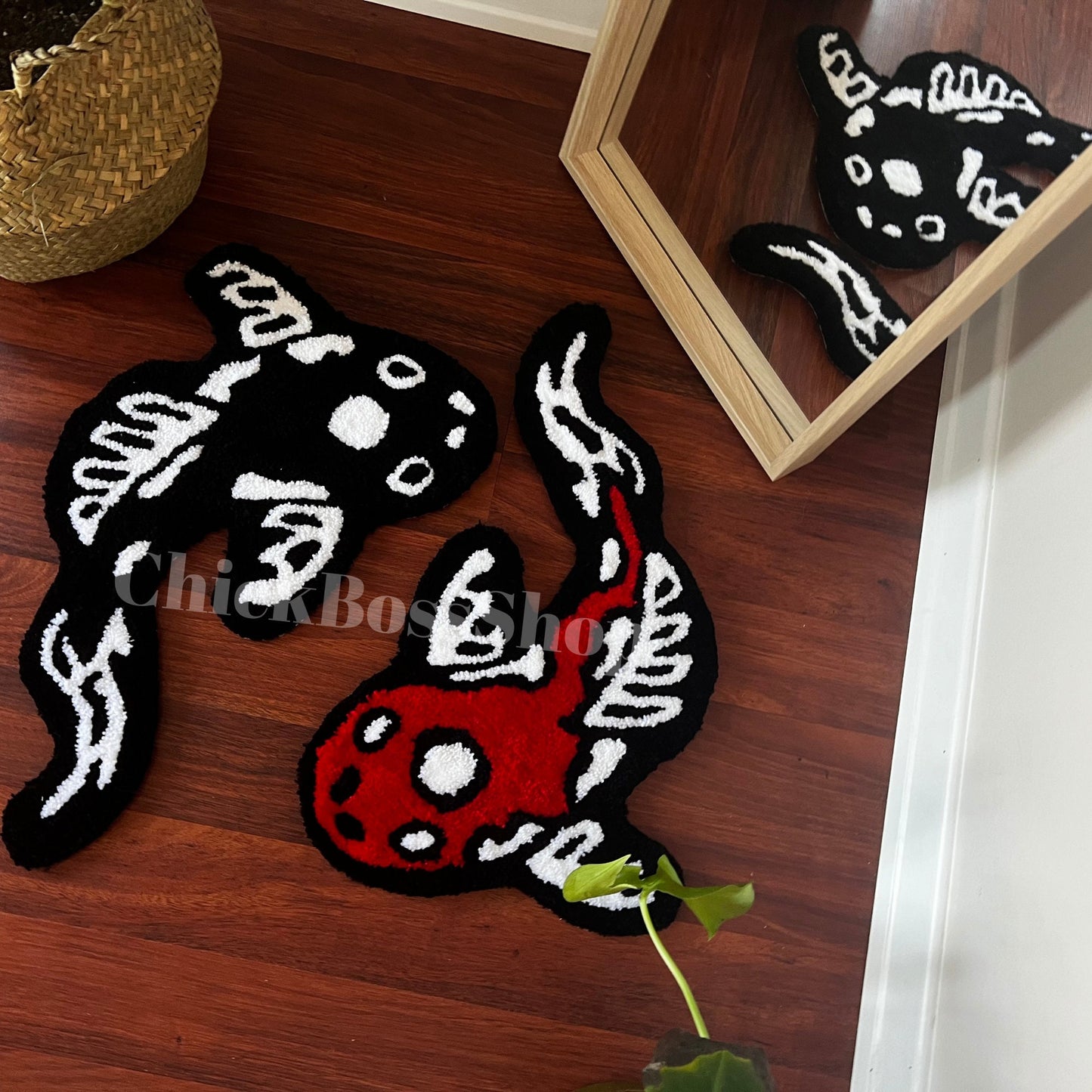 Koi Fish Yin Yang Rug: Asian Tufted Accent Rug, Red & Black