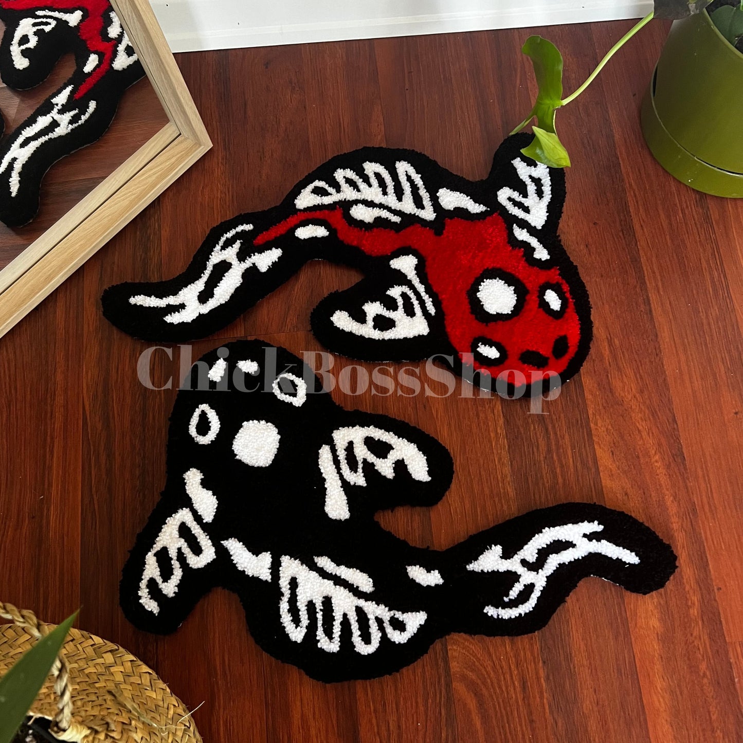 Koi Fish Yin Yang Rug: Asian Tufted Accent Rug, Red & Black