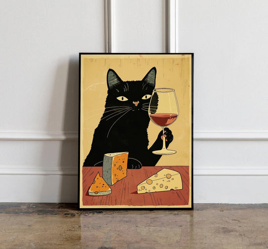 Vintage Black Cat with wine Poster, Bar Decor Wall Art, Kitchen wall decor, Japanese cat wall art print, Cat Lovers Gift, Animal Wall Decor