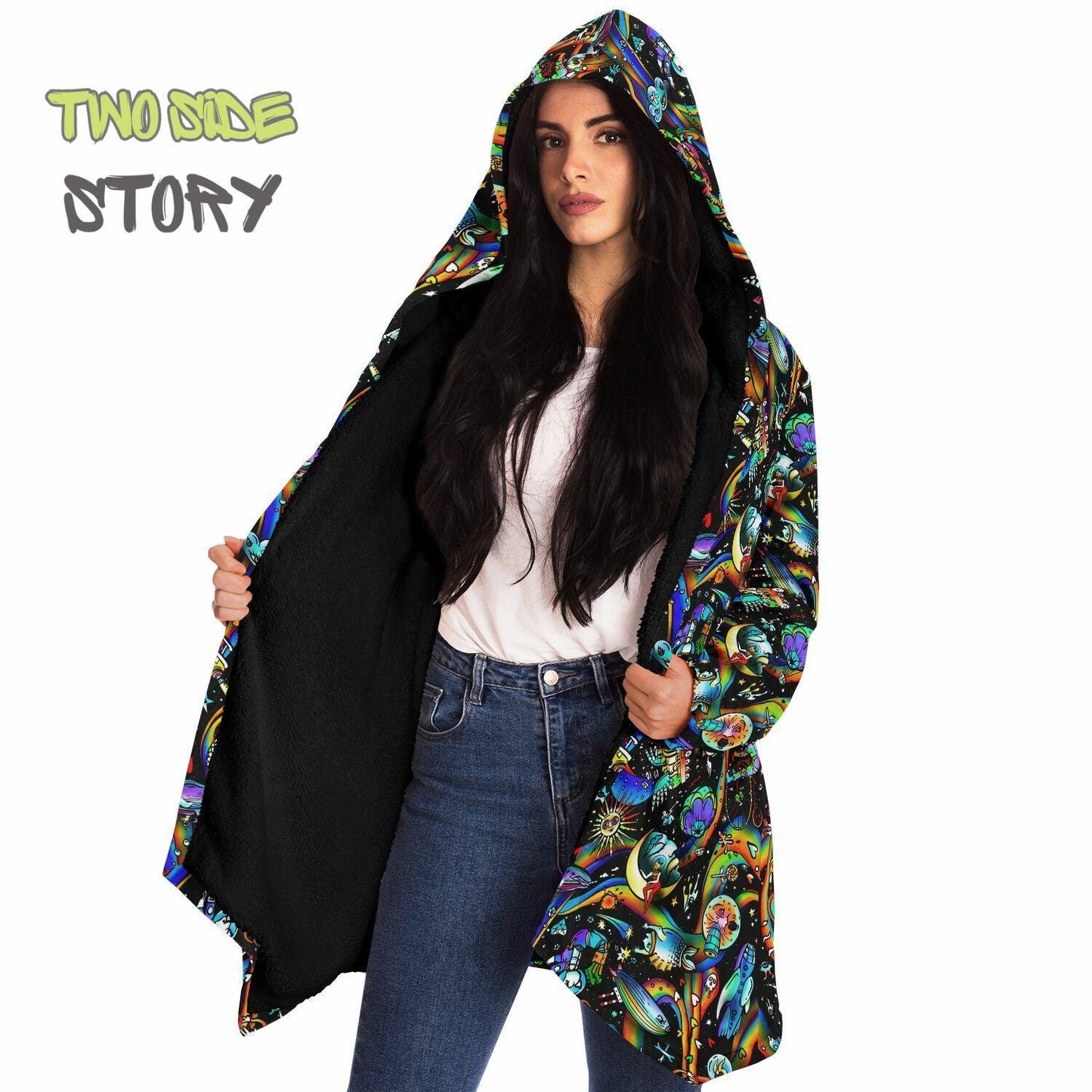 Hooded Cloak Psychedelic Micro-fleece Cloak Festival Rave Party Wear EDM Festival Cape Rave Trippy Jacket Party Lover Gift for Raver
