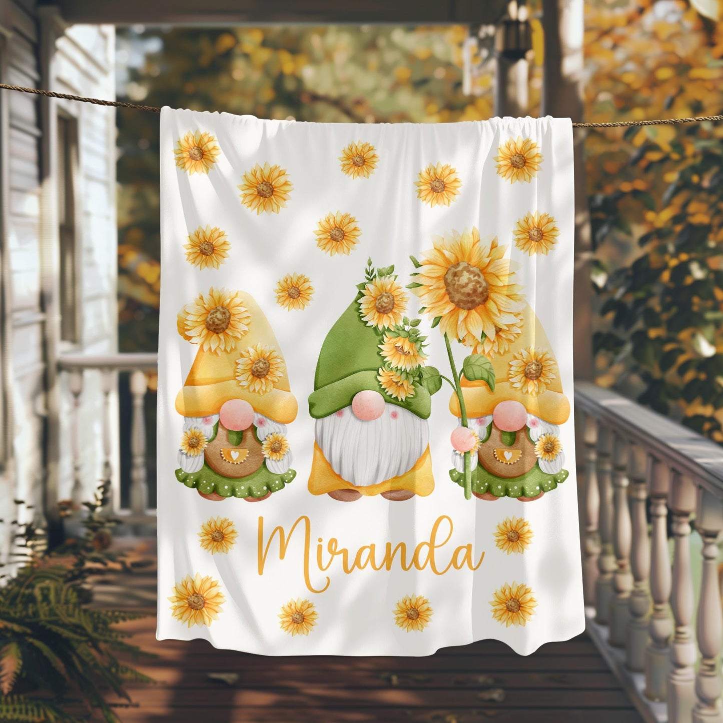 Sunflower gnome blanket, cute gnome blanket, cute sunflower gnome blanket, personalized sunflower blanket, personalized gnome blanket