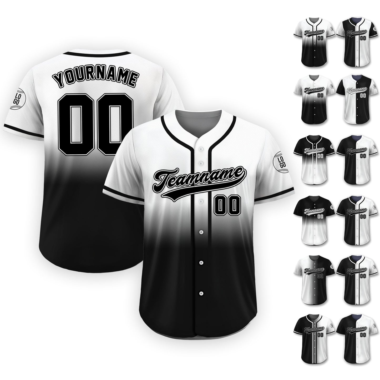 Personalized Team Name Number Logo Baseball Jersey, Custom Jersey for Men Women Youth Preschool, Printed Black White Jersey Button Down