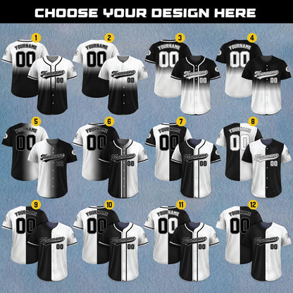 Personalized Team Name Number Logo Baseball Jersey, Custom Jersey for Men Women Youth Kid, Printed Black White Gradient Jersey Button Down