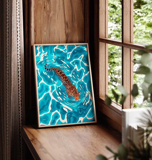 Leopard poster, Tropical wall decor, Animal art print, Safari decor, Ocean wall art