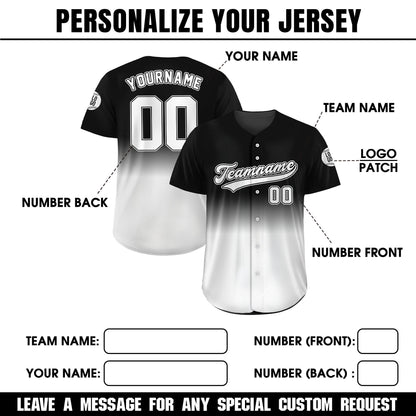 Personalized Team Name Number Logo Baseball Jersey, Custom Jersey for Men Women Youth Kid, Printed Black White Gradient Jersey Button Down