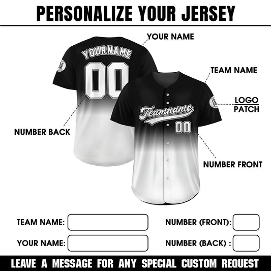 Personalized Team Name Number Logo Baseball Jersey, Custom Jersey for Men Women Youth Kid, Printed Black White Gradient Jersey Button Down