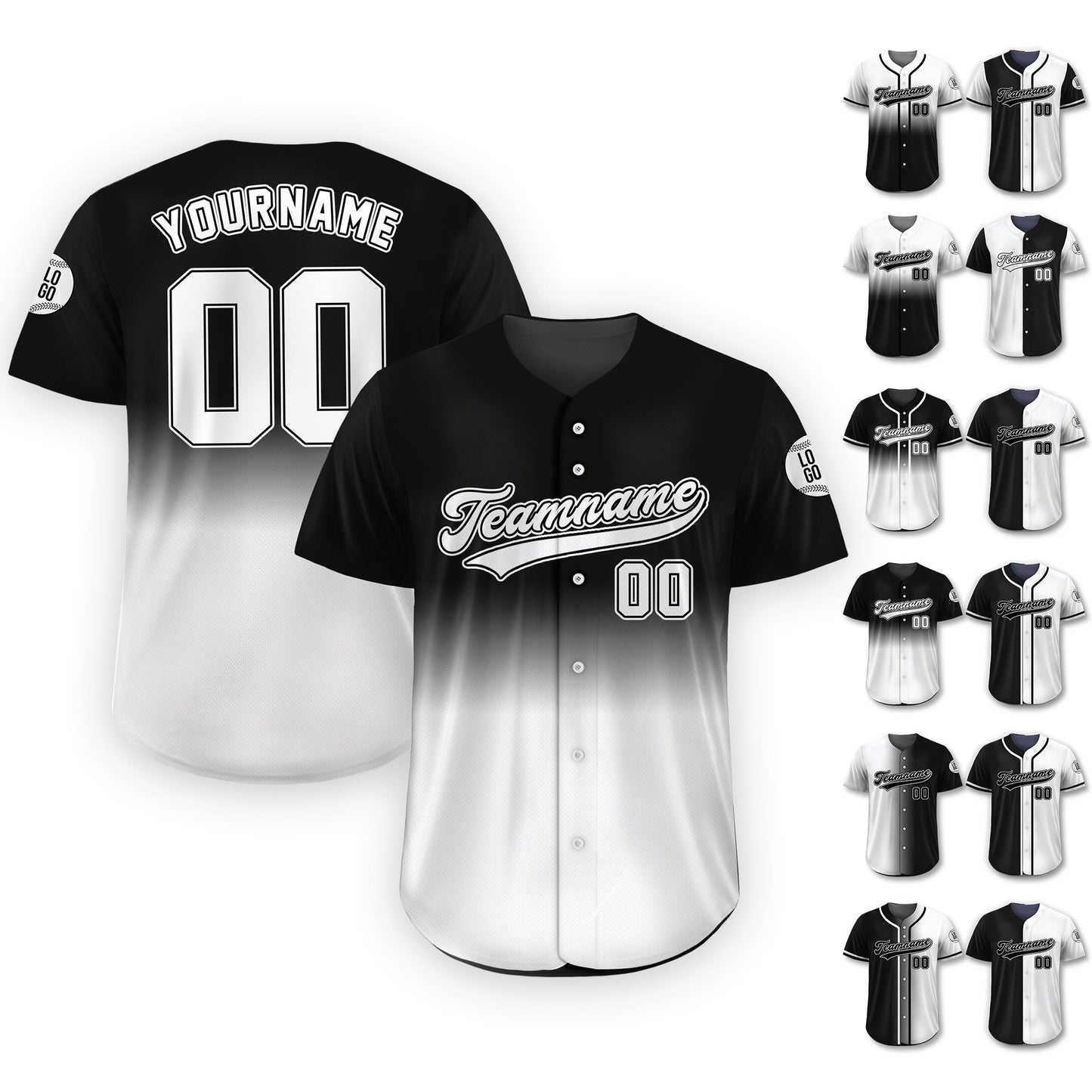 Personalized Team Name Number Logo Baseball Jersey, Custom Jersey for Men Women Youth Kid, Printed Black White Gradient Jersey Button Down