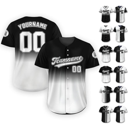 Personalized Team Name Number Logo Baseball Jersey, Custom Jersey for Men Women Youth Kid, Printed Black White Gradient Jersey Button Down