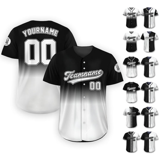 Personalized Team Name Number Logo Baseball Jersey, Custom Jersey for Men Women Youth Kid, Printed Black White Gradient Jersey Button Down
