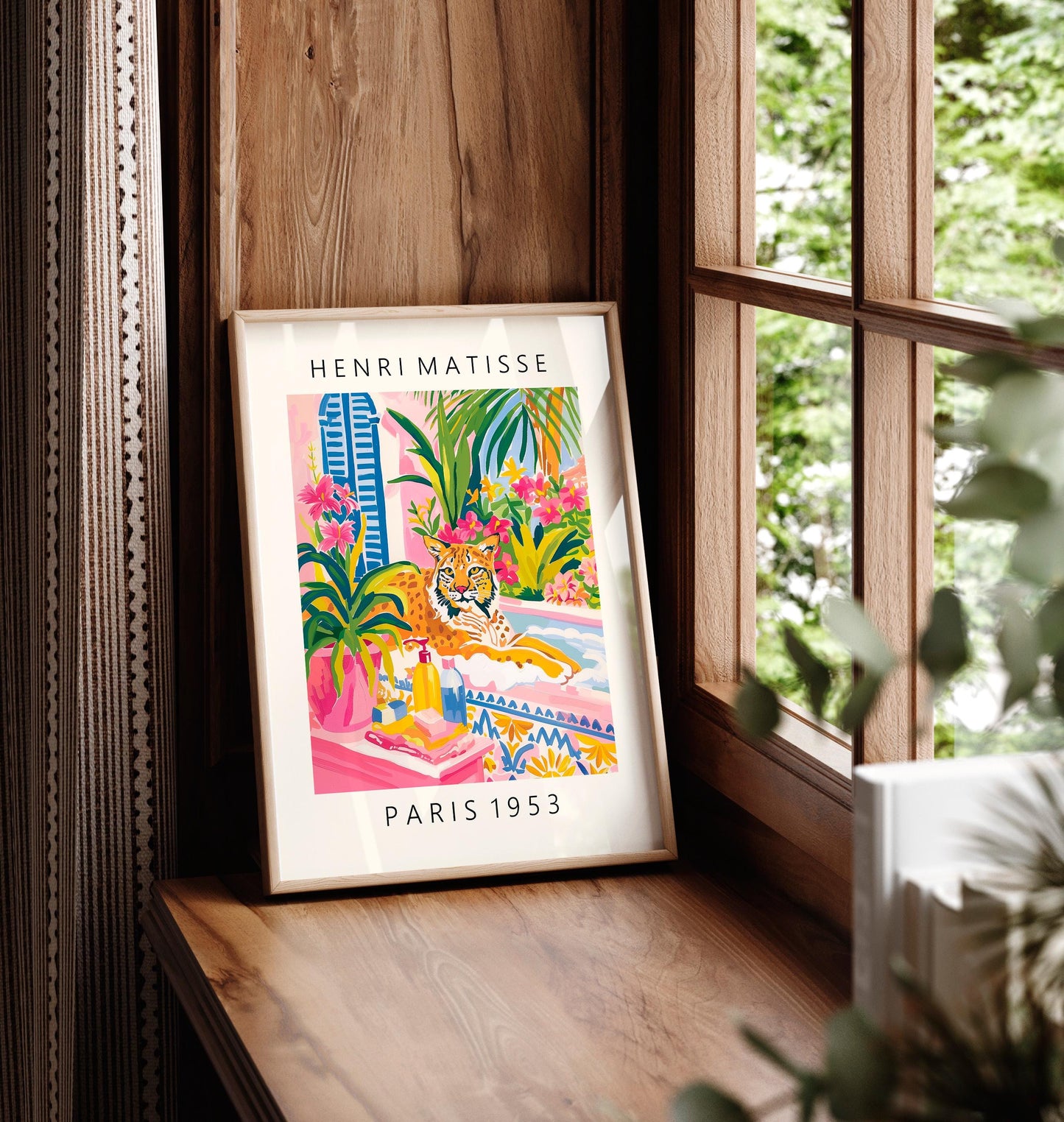 Lynx in bathtub funny poster, Matisse art print, Bathroom decor, Pink tropical wall art, Animal print