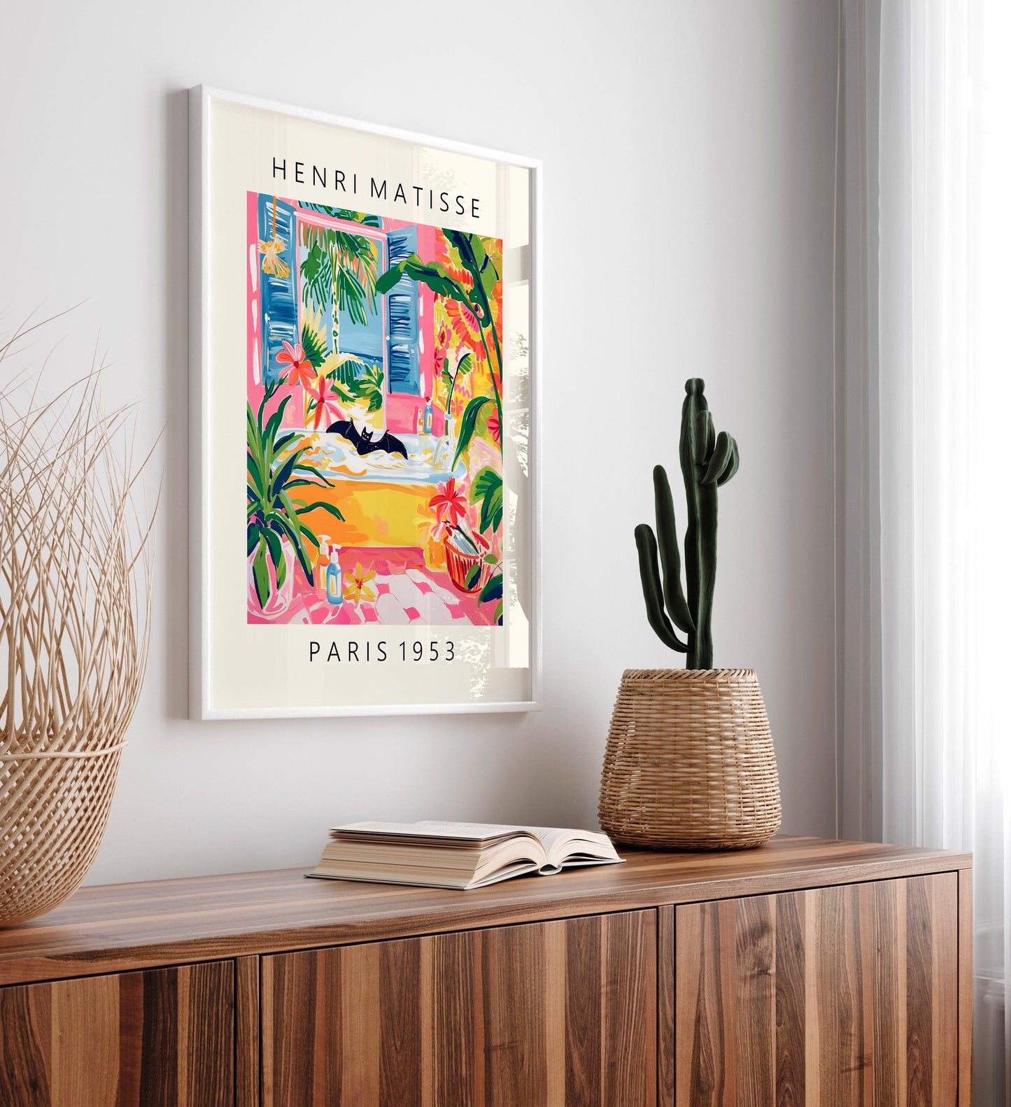 Funny bat art print, Pink wall art, Matisse poster, Bathroom decor