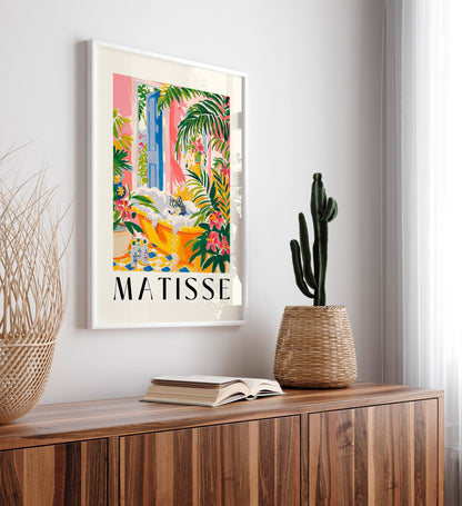 Wolf in bathtub funny poster, Matisse art print, Mid century art, Pink tropical bathroom decor