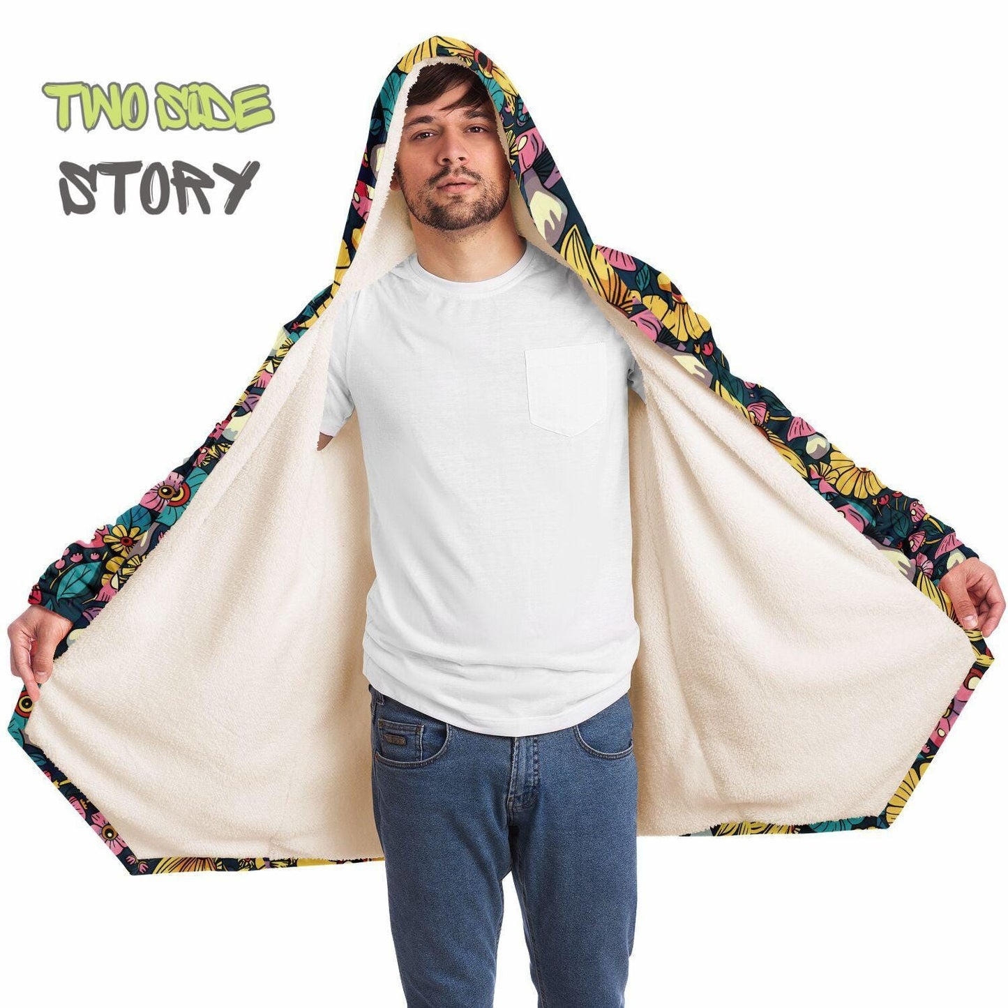 Unisex Vivid Colors EDM Festival Cape,Micro-fleece Psychedelic Mushrooms Hooded Cloak,Festival Rave Party Wear, Halloween Cape, Unique Gifts