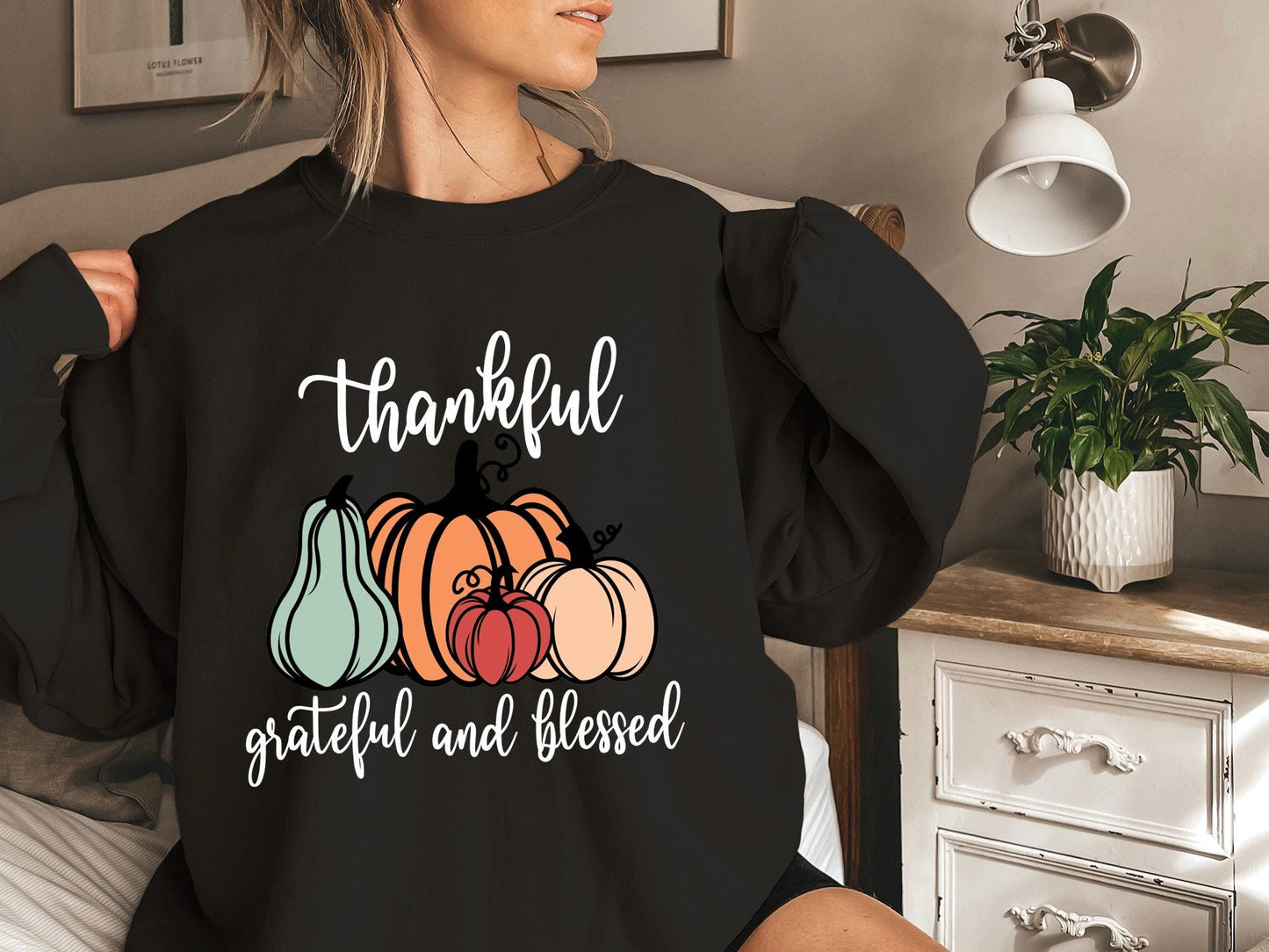 Thankful Grateful Blessed Sweatshirt And T-shirt, Vintage Cartoon Shirs, Spooky Season, Halloween Gift For Her, Cartoon lover, Pumpkin