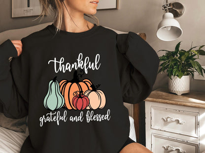 Thankful Grateful Blessed Sweatshirt And T-shirt, Vintage Cartoon Shirs, Spooky Season, Halloween Gift For Her, Cartoon lover, Pumpkin