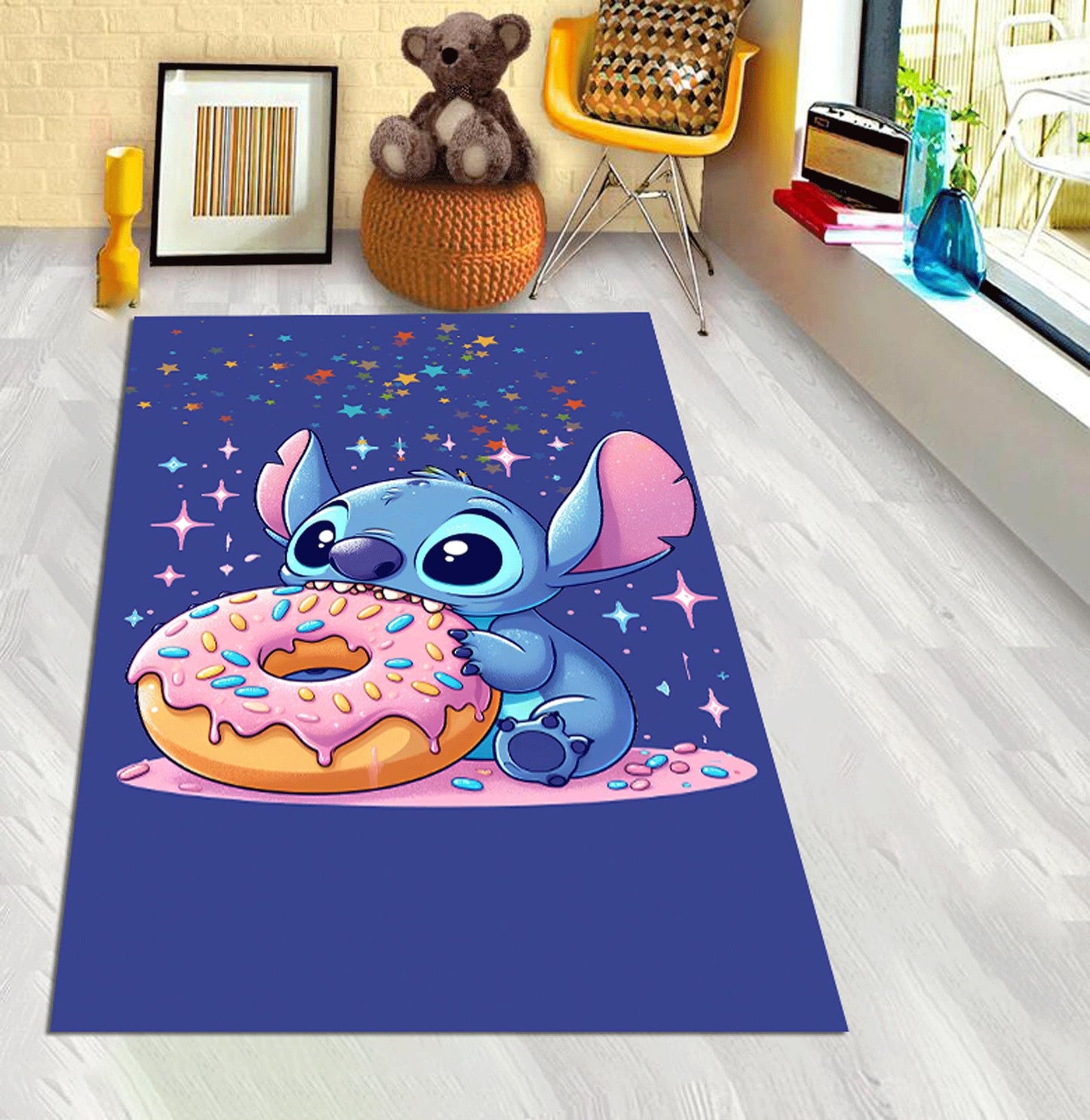 Angel and stitch love, Donut eating stitch, Motorcycle stitch, Stitch rug,stitch game, Strawberry milkshake drinking stitch, Custom rug